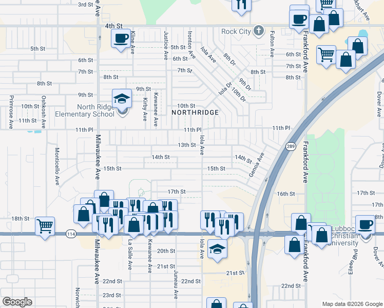 map of restaurants, bars, coffee shops, grocery stores, and more near 6108 14th Street in Lubbock