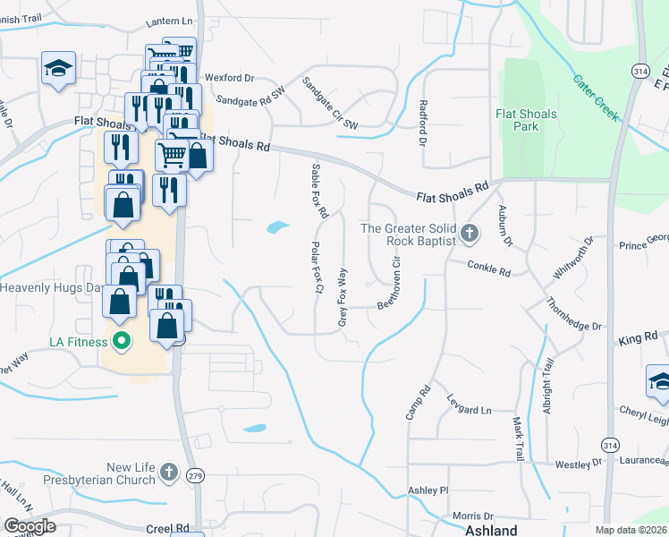 map of restaurants, bars, coffee shops, grocery stores, and more near 6355 Grey Fox Way in Riverdale