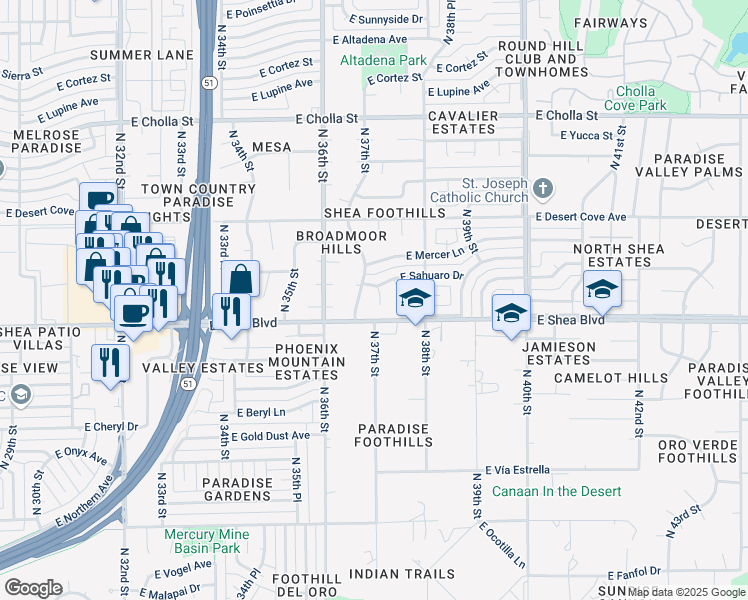 map of restaurants, bars, coffee shops, grocery stores, and more near 10620 North 37th Place in Phoenix