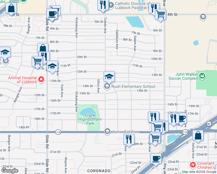 map of restaurants, bars, coffee shops, grocery stores, and more near 4702 15th Street in Lubbock