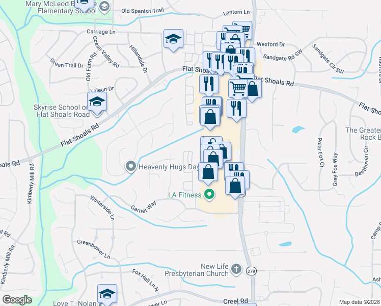 map of restaurants, bars, coffee shops, grocery stores, and more near 6253 Rockaway Road in Atlanta