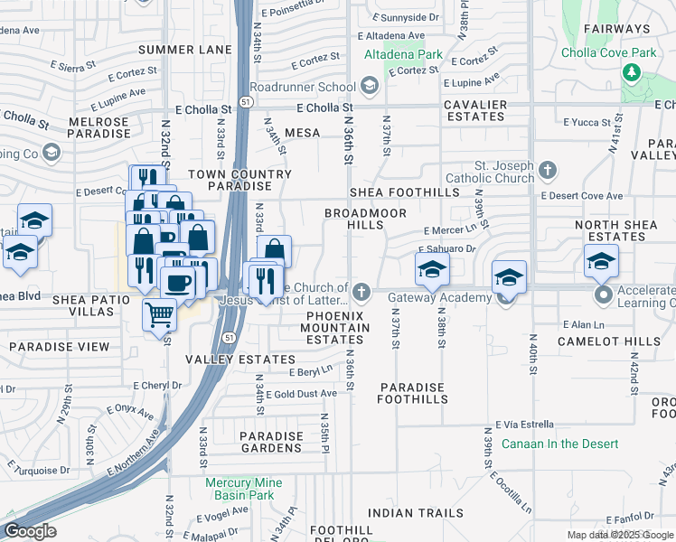 map of restaurants, bars, coffee shops, grocery stores, and more near 3524 East Becker Lane in Phoenix