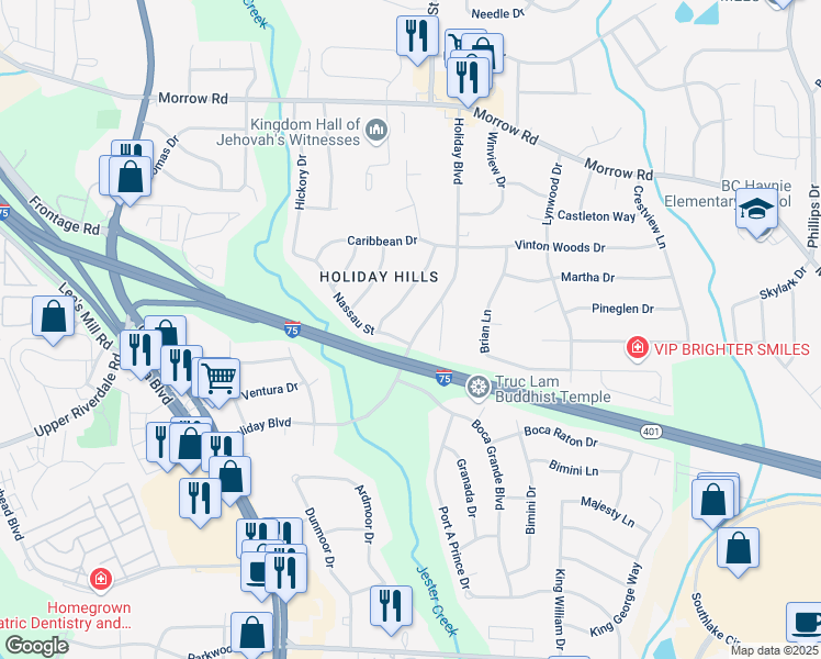 map of restaurants, bars, coffee shops, grocery stores, and more near 6279 Holiday Boulevard in Forest Park