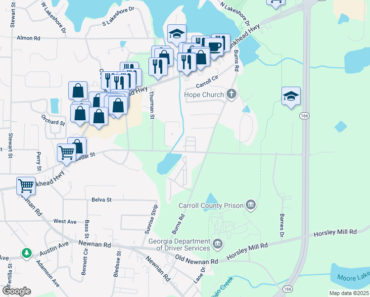 map of restaurants, bars, coffee shops, grocery stores, and more near 1170 Cedar Street in Carrollton