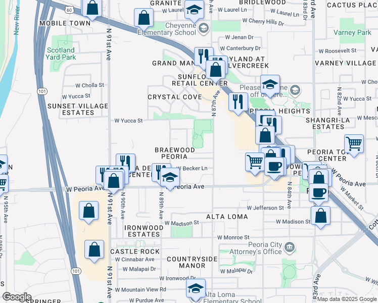 map of restaurants, bars, coffee shops, grocery stores, and more near 8801 West Mercer Lane in Peoria