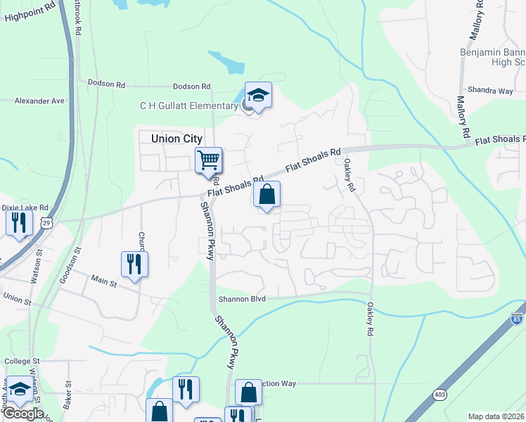 map of restaurants, bars, coffee shops, grocery stores, and more near 6445 Abercorn Street in Union City
