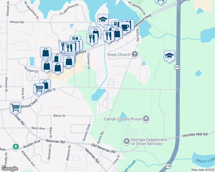 map of restaurants, bars, coffee shops, grocery stores, and more near 1170 Cedar Street in Carrollton