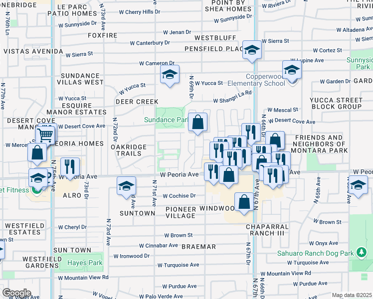 map of restaurants, bars, coffee shops, grocery stores, and more near 6960 West Peoria Avenue in Peoria