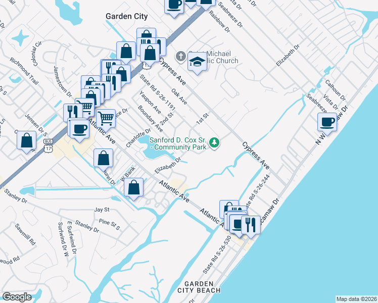 map of restaurants, bars, coffee shops, grocery stores, and more near 411 Elizabeth Drive in Murrells Inlet