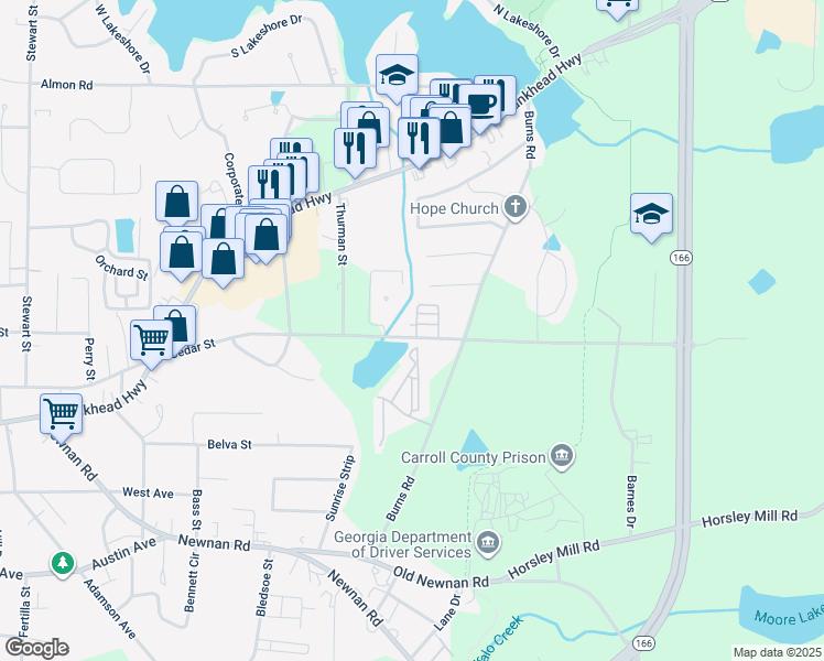 map of restaurants, bars, coffee shops, grocery stores, and more near 1170 Cedar Street in Carrollton