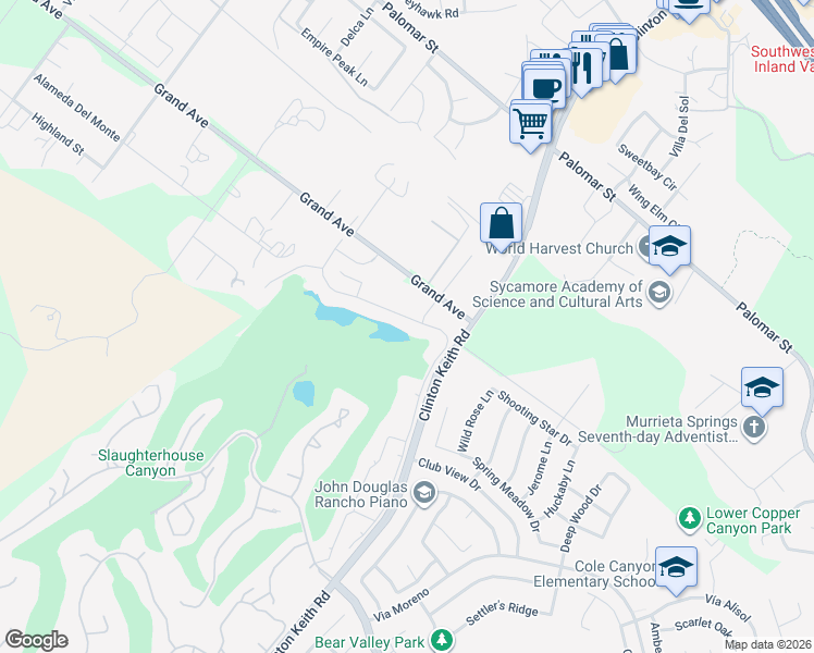 map of restaurants, bars, coffee shops, grocery stores, and more near 22961 Banbury Court in Murrieta