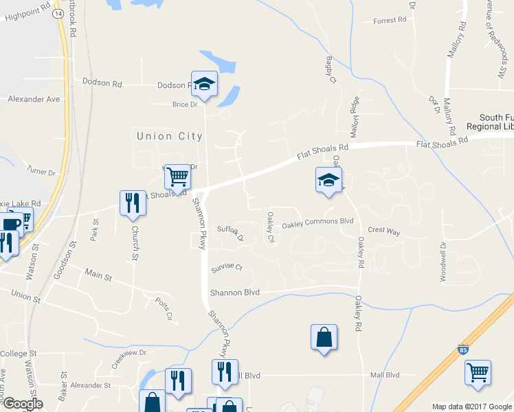 map of restaurants, bars, coffee shops, grocery stores, and more near 6449 Abercorn Street in Union City