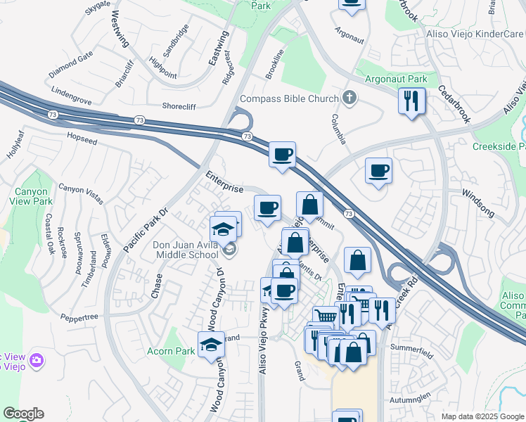 map of restaurants, bars, coffee shops, grocery stores, and more near 30 Enterprise in Aliso Viejo