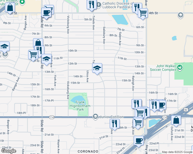 map of restaurants, bars, coffee shops, grocery stores, and more near 1400-1498 Toledo Ave in Lubbock