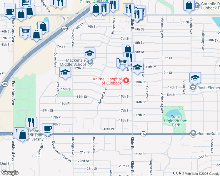 map of restaurants, bars, coffee shops, grocery stores, and more near 5222 14th Street in Lubbock