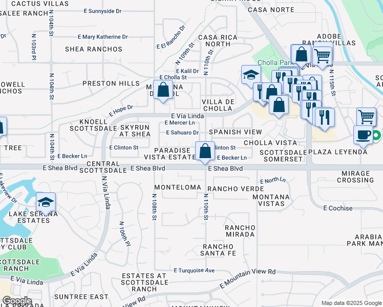 map of restaurants, bars, coffee shops, grocery stores, and more near 10965 East Clinton Street in Scottsdale