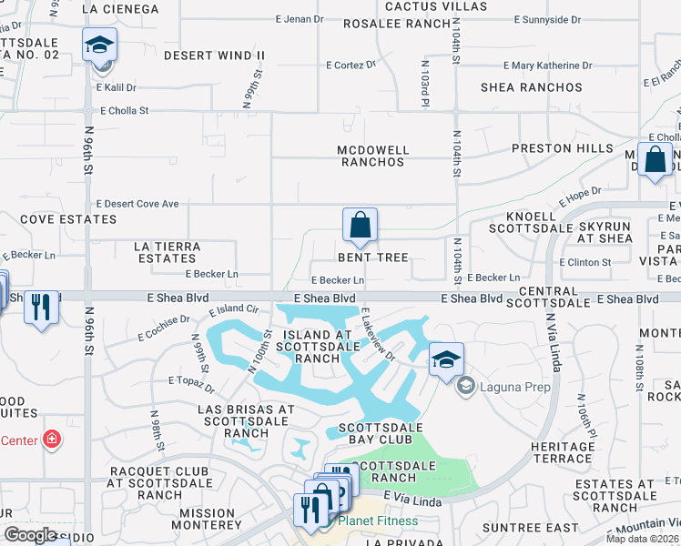 map of restaurants, bars, coffee shops, grocery stores, and more near 10143 East Clinton Street in Scottsdale