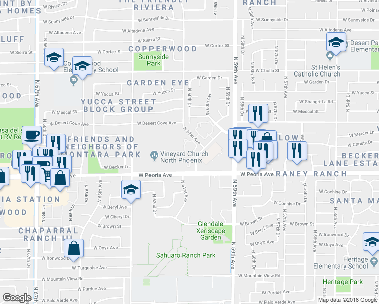 map of restaurants, bars, coffee shops, grocery stores, and more near 10654 North 60th Avenue in Glendale