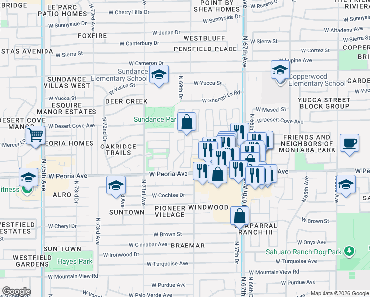 map of restaurants, bars, coffee shops, grocery stores, and more near 6960 West Peoria Avenue in Peoria