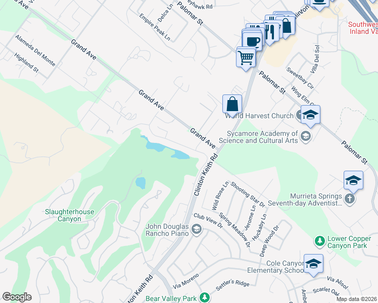 map of restaurants, bars, coffee shops, grocery stores, and more near 22961 Banbury Court in Murrieta