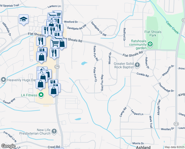 map of restaurants, bars, coffee shops, grocery stores, and more near 6297 Polar Fox Court in Riverdale