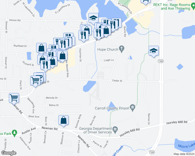 map of restaurants, bars, coffee shops, grocery stores, and more near 1170 Cedar Street in Carrollton