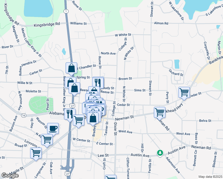 map of restaurants, bars, coffee shops, grocery stores, and more near 410 College Street in Carrollton