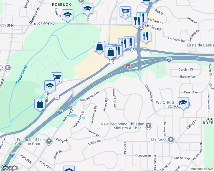 map of restaurants, bars, coffee shops, grocery stores, and more near 505 North Drive in Birmingham