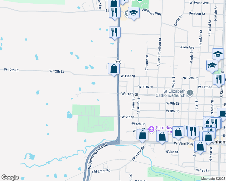 map of restaurants, bars, coffee shops, grocery stores, and more near 1015 Texas 121 in Bonham