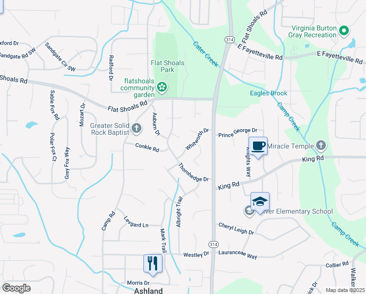 map of restaurants, bars, coffee shops, grocery stores, and more near 1879 Whitworth Drive in Riverdale