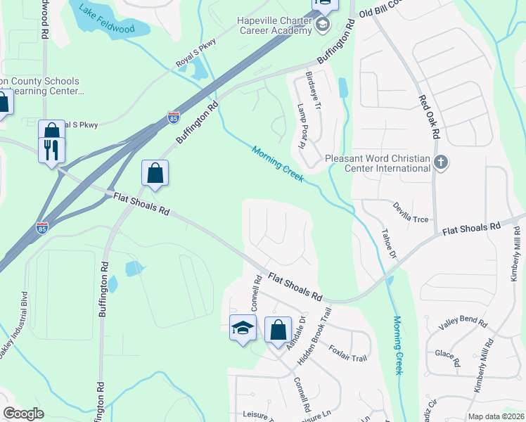 map of restaurants, bars, coffee shops, grocery stores, and more near 6369 Flat Rock Lane in Atlanta