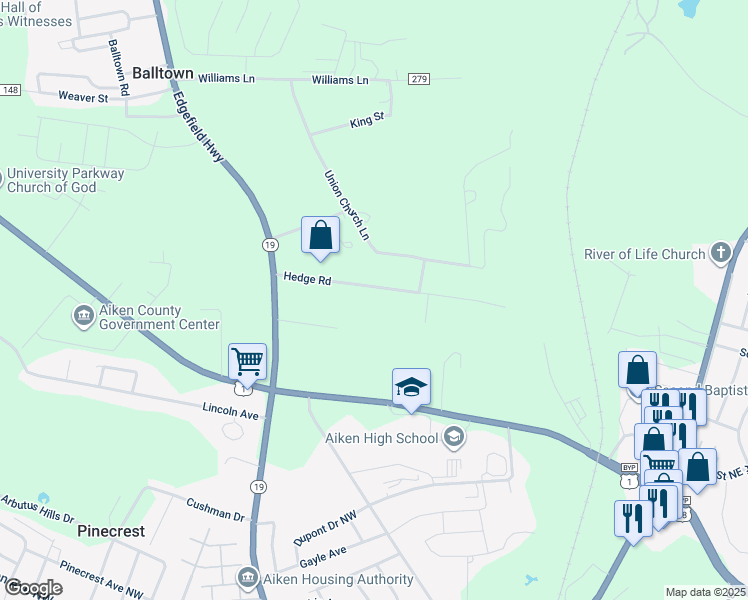 map of restaurants, bars, coffee shops, grocery stores, and more near 148 Hedge Road in Aiken