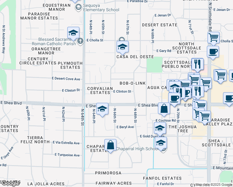 map of restaurants, bars, coffee shops, grocery stores, and more near 6601 East Clinton Street in Scottsdale