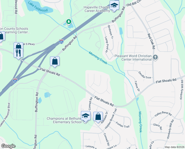 map of restaurants, bars, coffee shops, grocery stores, and more near 6369 Flat Rock Lane in Atlanta