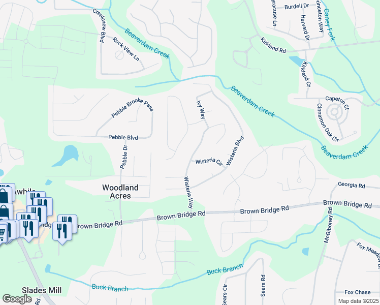 map of restaurants, bars, coffee shops, grocery stores, and more near 95 Wisteria Way in Covington