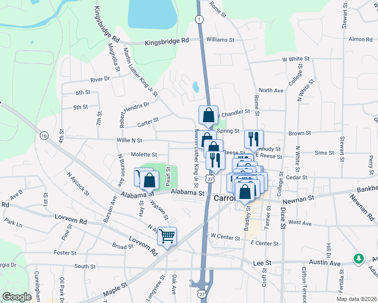map of restaurants, bars, coffee shops, grocery stores, and more near 402 Mount Zion Boulevard in Carrollton