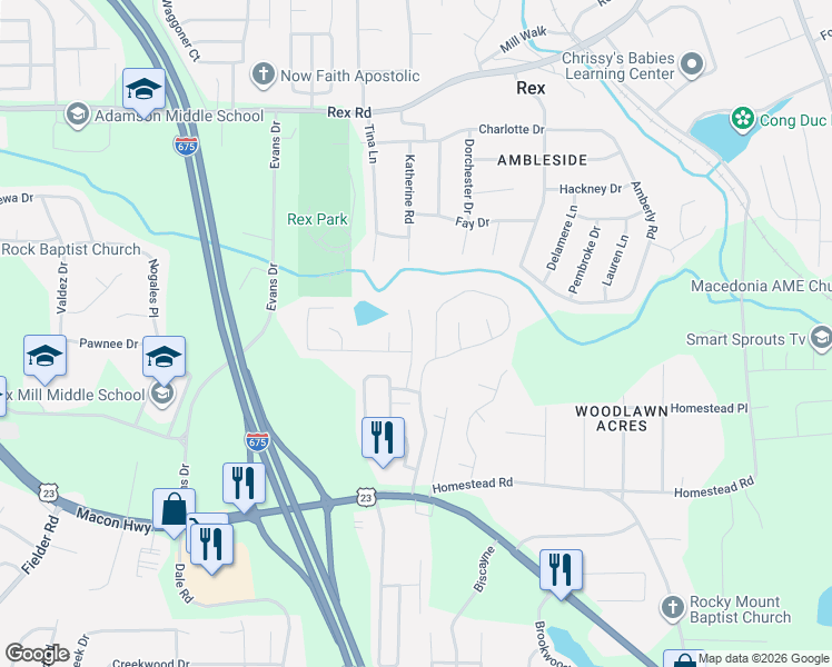 map of restaurants, bars, coffee shops, grocery stores, and more near 6264 Lakeview Court in Rex
