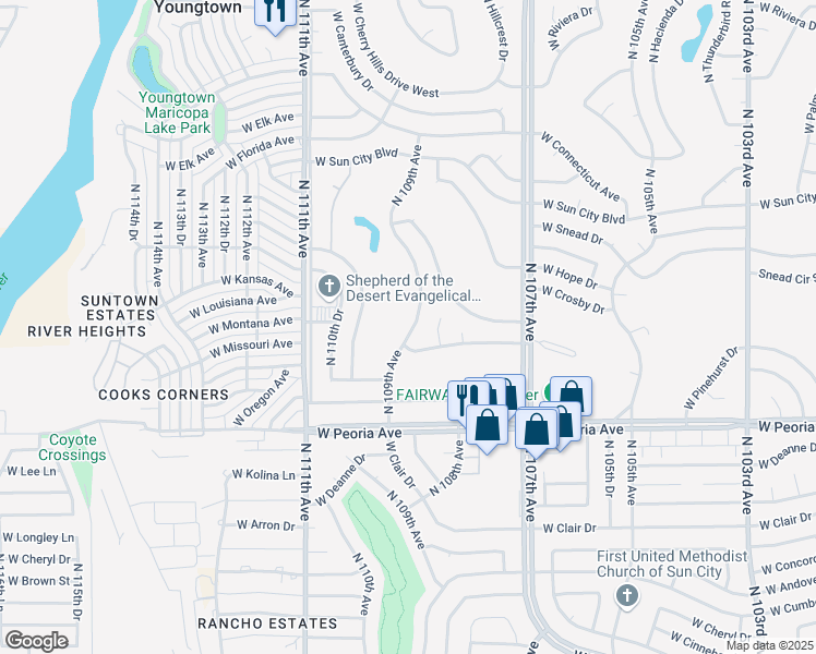 map of restaurants, bars, coffee shops, grocery stores, and more near 10852 North 109th Avenue in Sun City