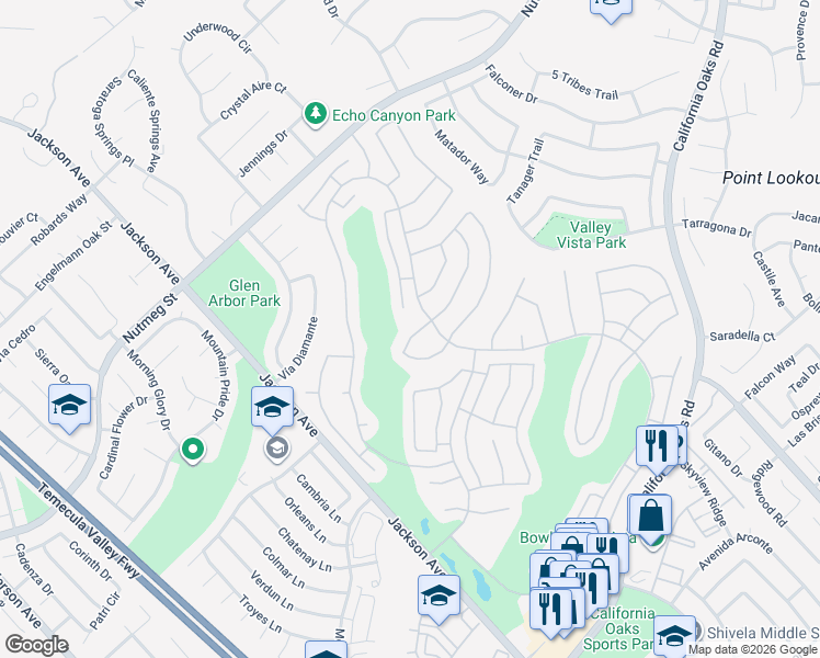 map of restaurants, bars, coffee shops, grocery stores, and more near 40453 Vía Camposeco in Murrieta