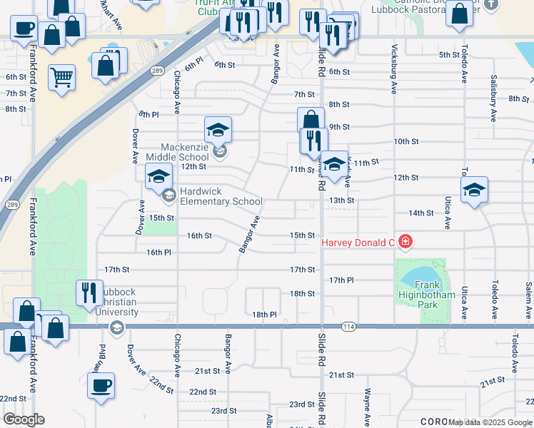 map of restaurants, bars, coffee shops, grocery stores, and more near 5230 14th Street in Lubbock