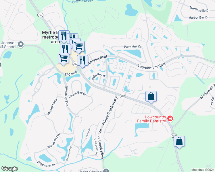 map of restaurants, bars, coffee shops, grocery stores, and more near 332 Wembley Way in Murrells Inlet