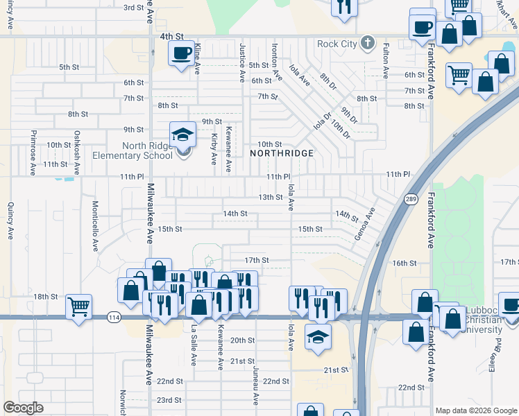 map of restaurants, bars, coffee shops, grocery stores, and more near 6202 14th Street in Lubbock