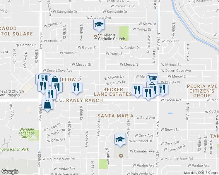 map of restaurants, bars, coffee shops, grocery stores, and more near 5416 West Saguaro Drive in Glendale