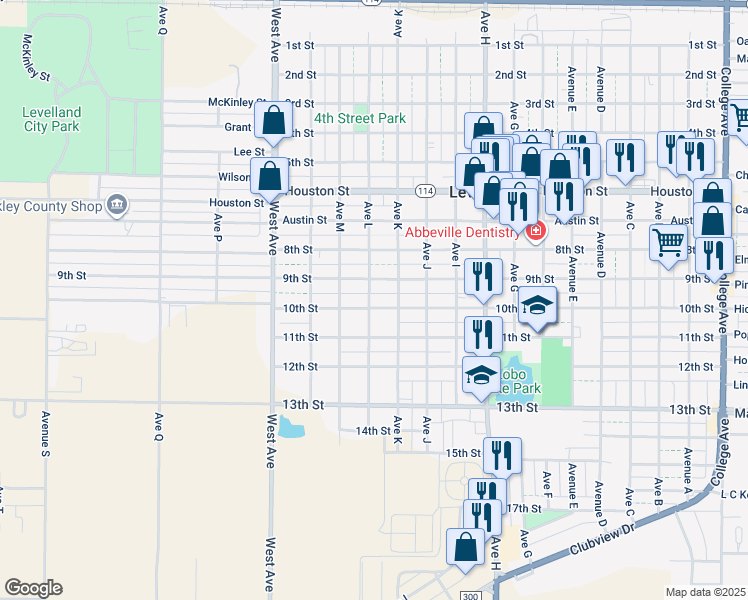 map of restaurants, bars, coffee shops, grocery stores, and more near 1209 10th Street in Levelland