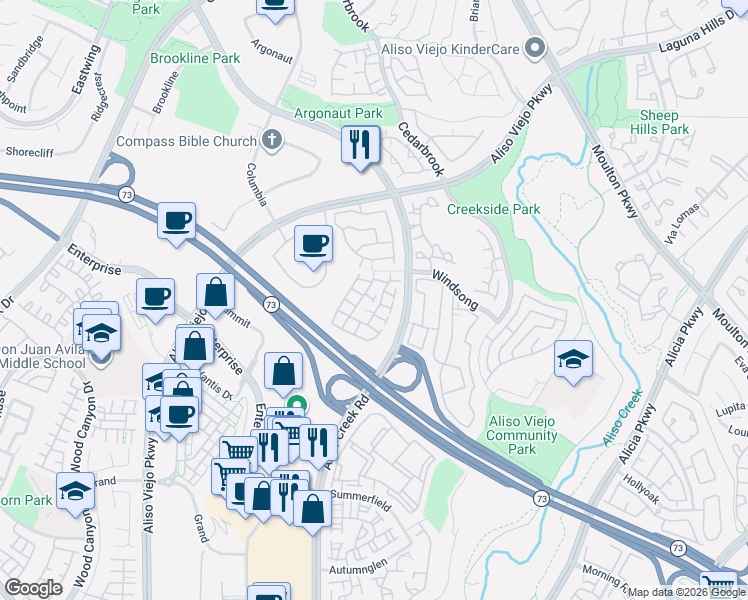 map of restaurants, bars, coffee shops, grocery stores, and more near 21 Windgate in Aliso Viejo
