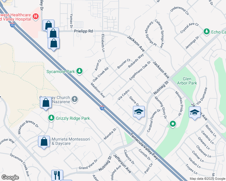 map of restaurants, bars, coffee shops, grocery stores, and more near 23607 Coast Live Oak Lane in Murrieta