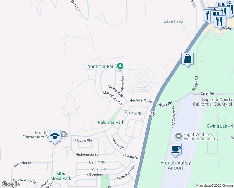 map of restaurants, bars, coffee shops, grocery stores, and more near 29731 Ski Ranch Street in Murrieta