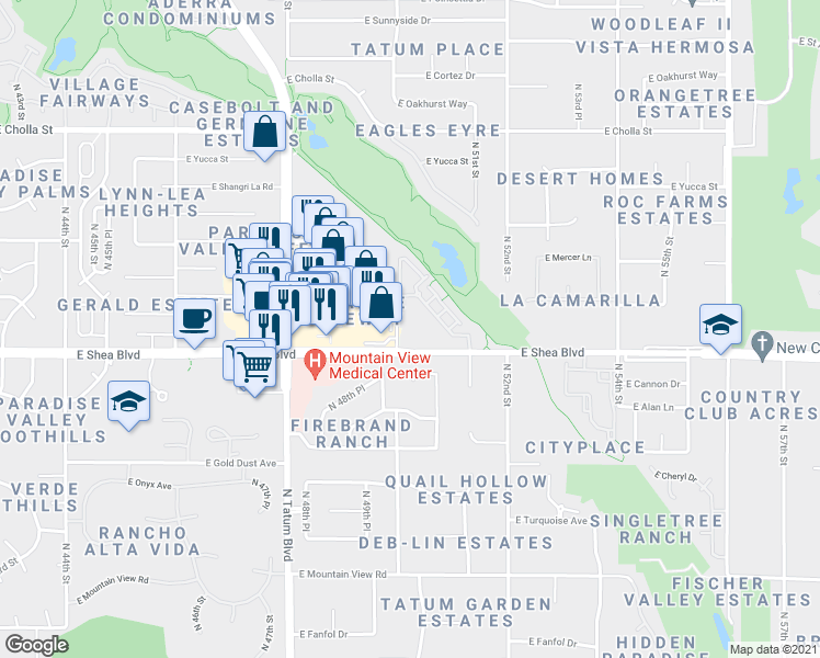 map of restaurants, bars, coffee shops, grocery stores, and more near 5010 East Shea Boulevard in Scottsdale