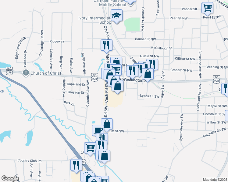 map of restaurants, bars, coffee shops, grocery stores, and more near 1137 West Washington Street in Camden