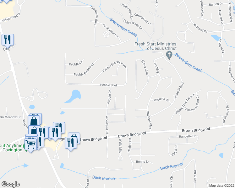 map of restaurants, bars, coffee shops, grocery stores, and more near 70 Chapman Way in Covington